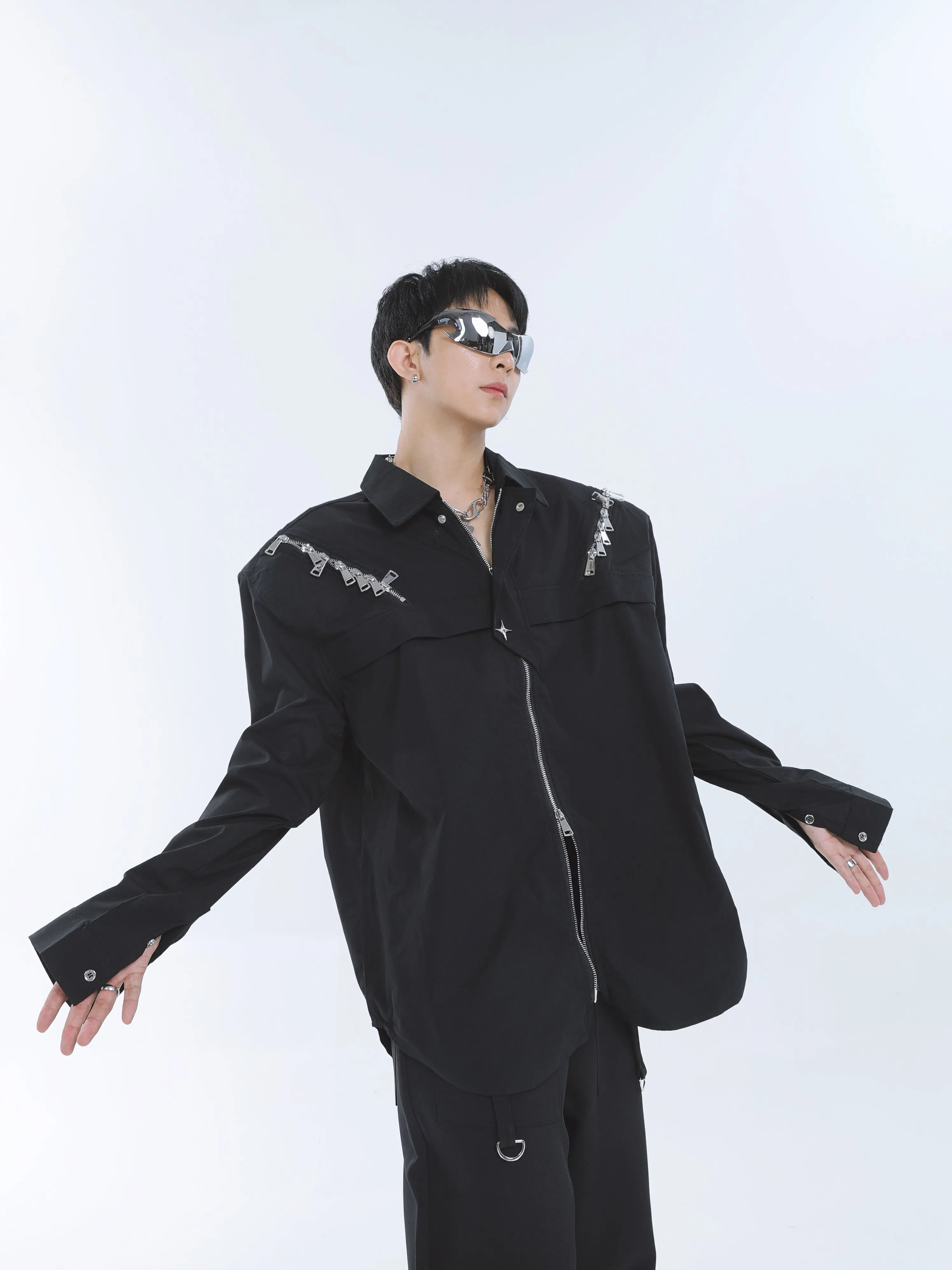 【23s September.】Shoulder Metal Double Zpper Design Shirt   Pants