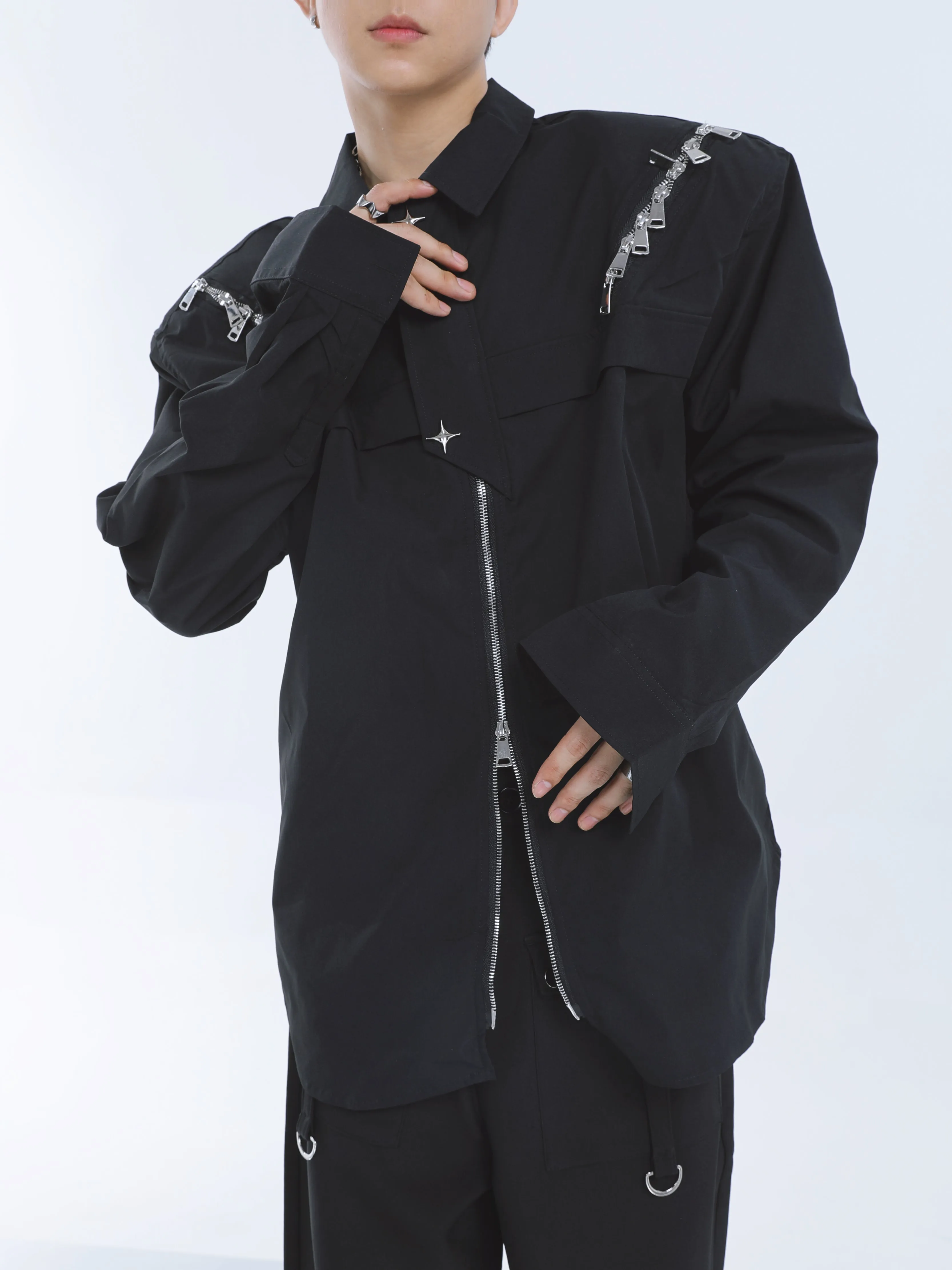 【23s September.】Shoulder Metal Double Zpper Design Shirt   Pants