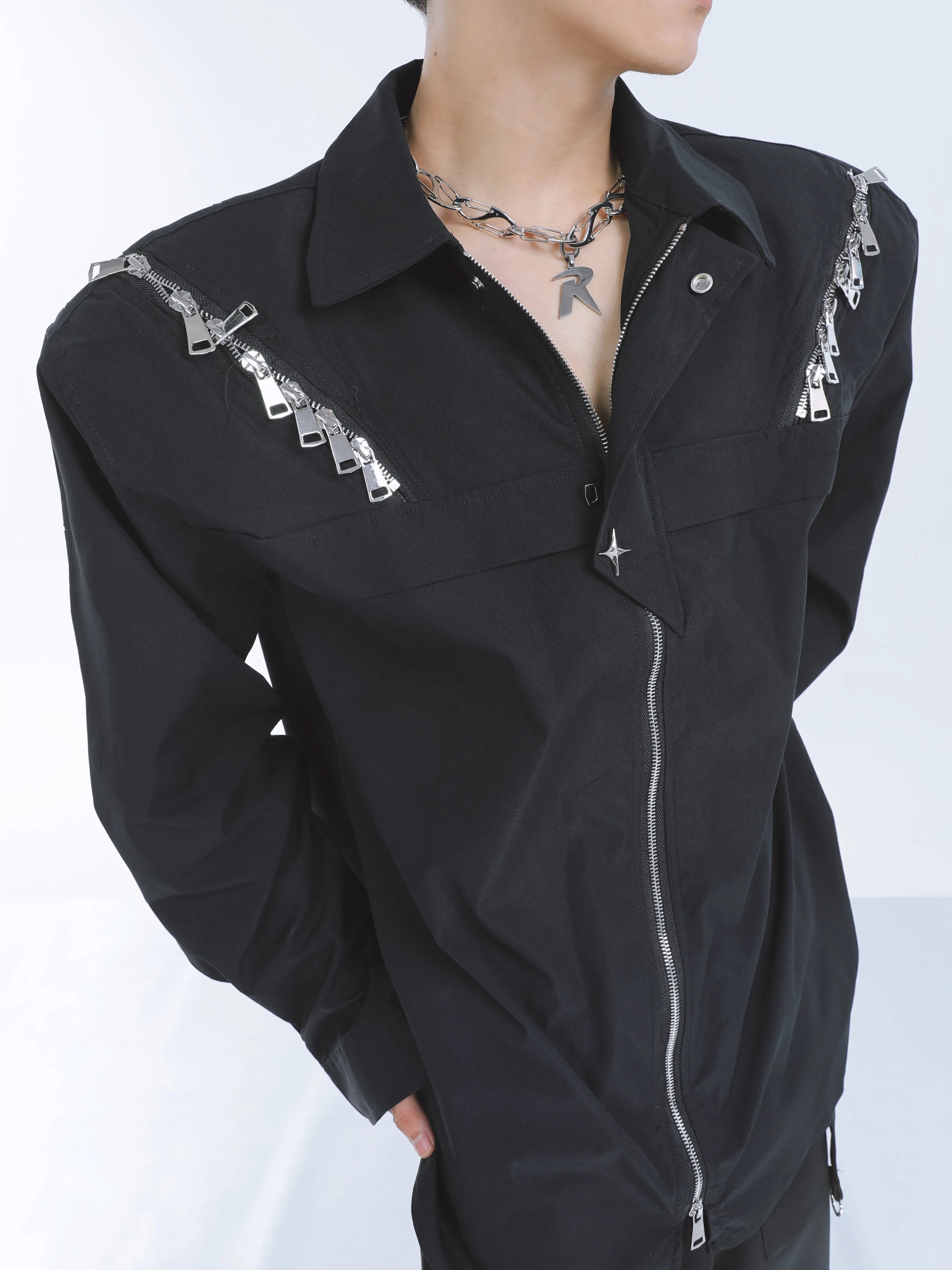 【23s September.】Shoulder Metal Double Zpper Design Shirt   Pants