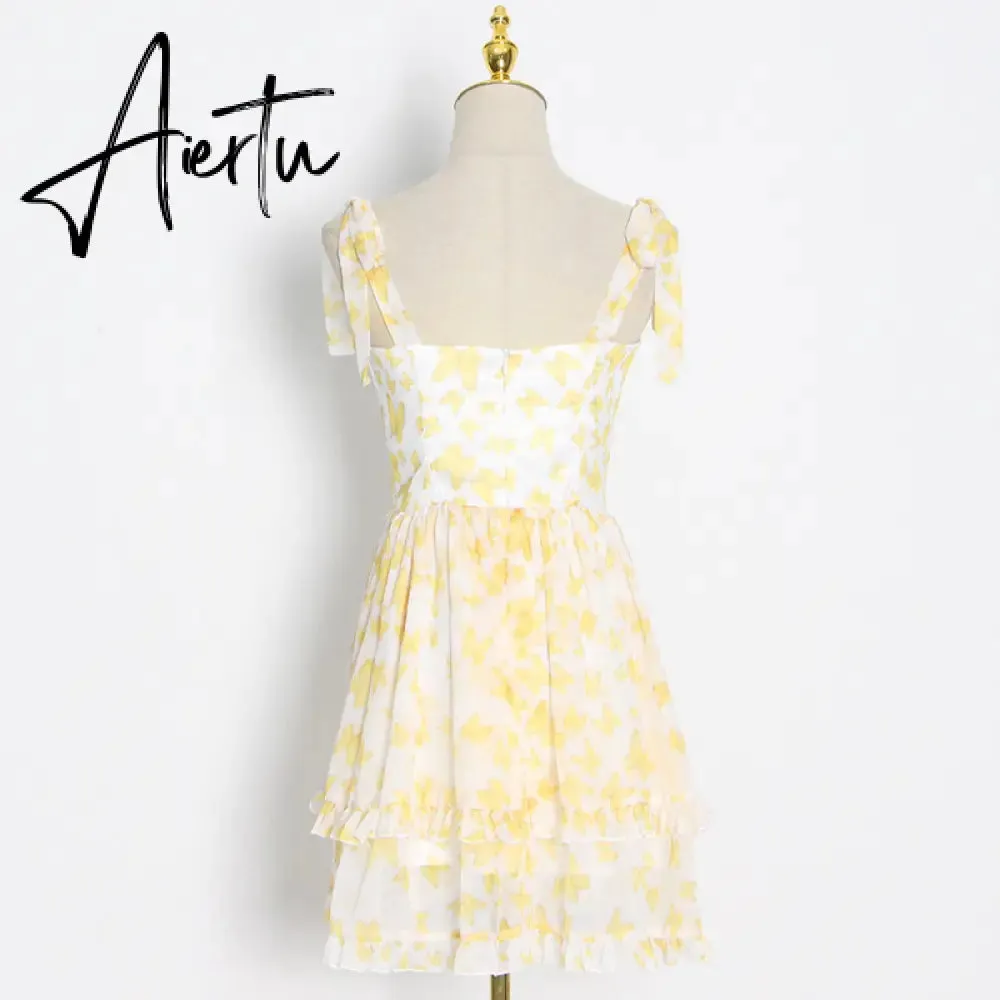 Aiertu Sexy Sling Dress For Women Square Collar Sleeveless High Waist Solid Mini Dresses Female Cltohing Style New