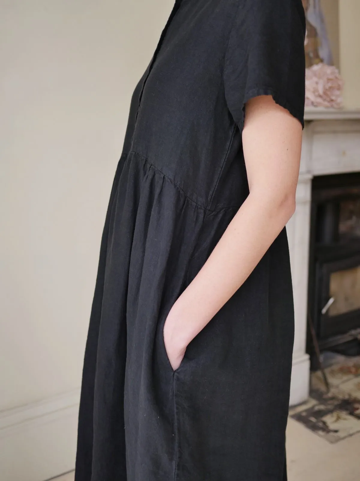Button Down Linen Dress - Black