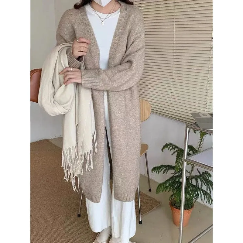 Lanfubeisi black sweater dress outfit Knitted Cardigan Women's Spring and Autumn Simple Lazy Style Loose Mid-Length over-the-Knee Sweater Coat Top