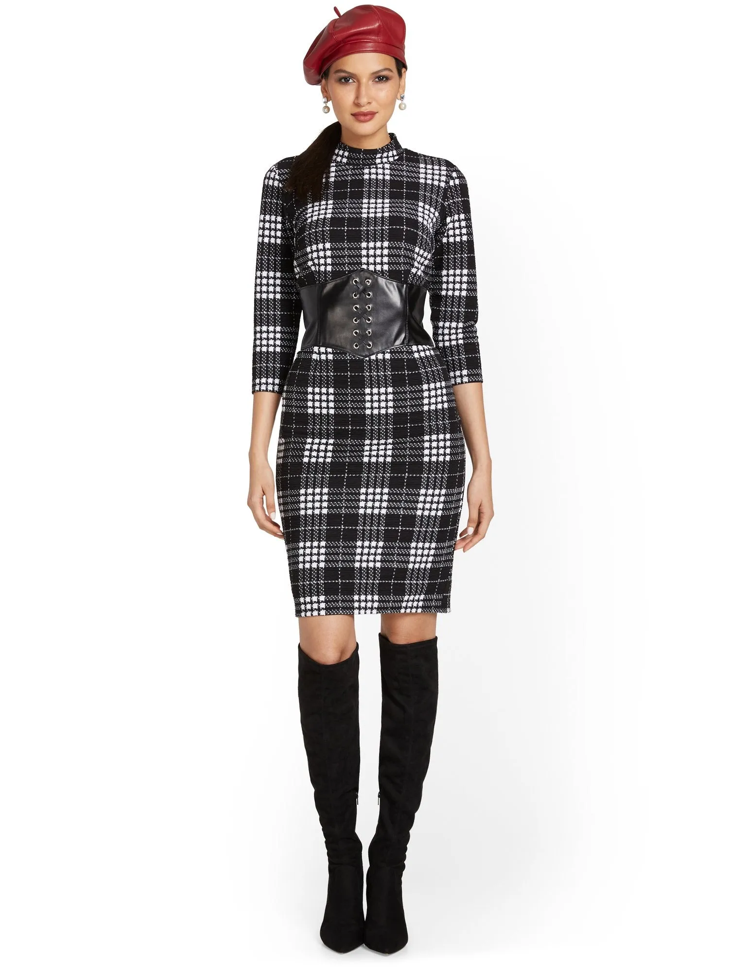 Plaid Corset-Waist Sweater Dress