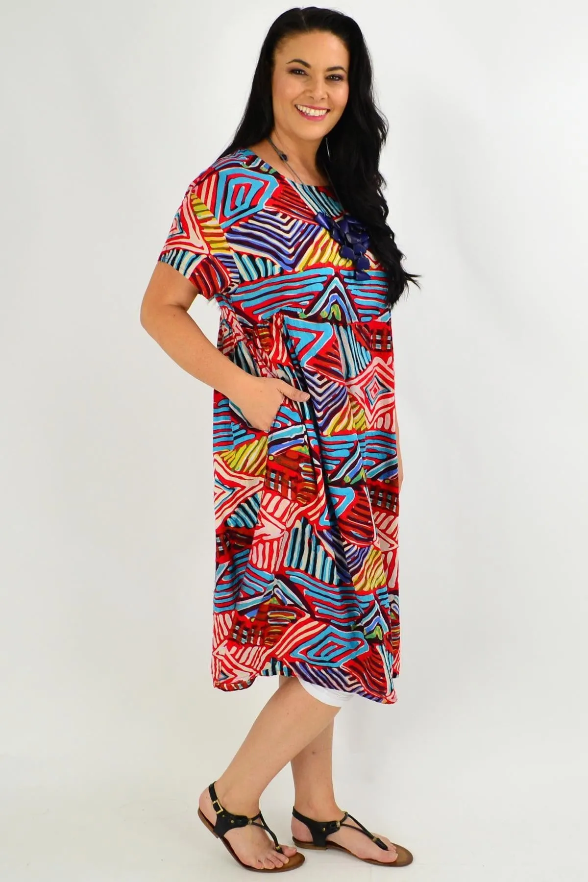 Red Multicolour Shift Tunic Dress
