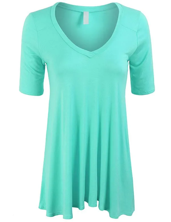 Short Sleeve V Neck Loose Fit Basic Knit Tunic Top