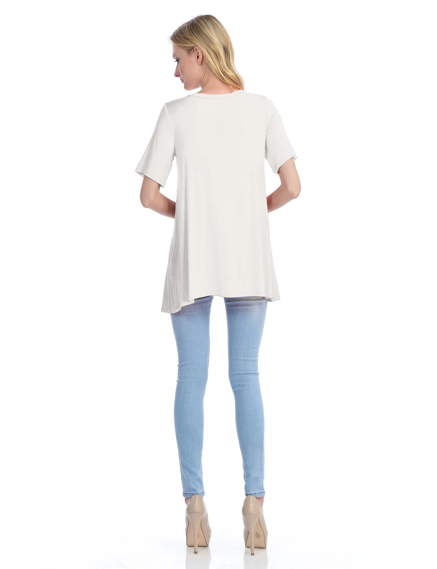 Short Sleeve V Neck Loose Fit Basic Knit Tunic Top