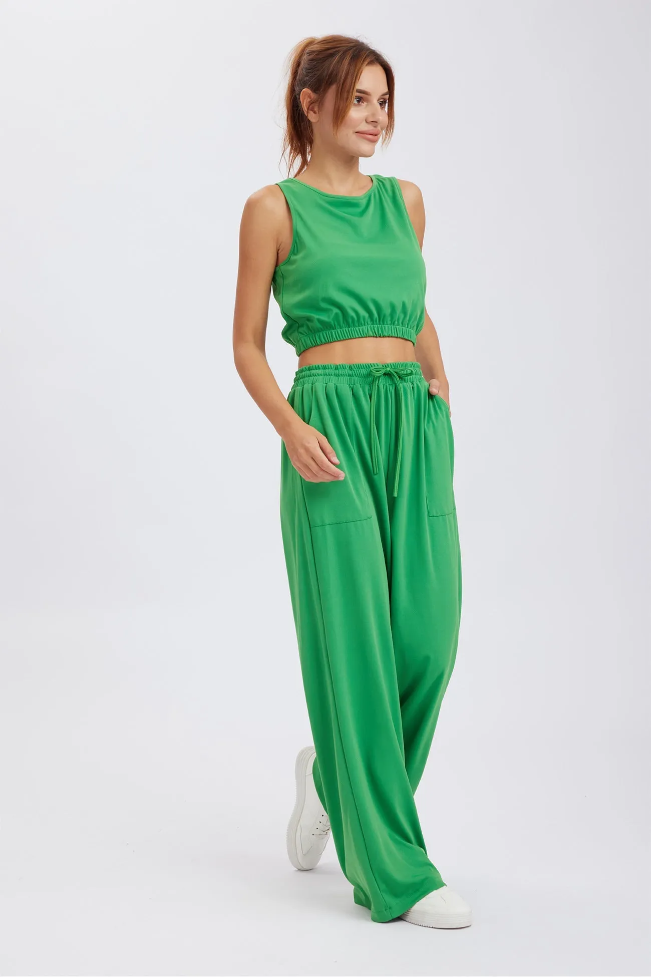 Solid Color Tank Top Drawstring High Waist Long Pants Set