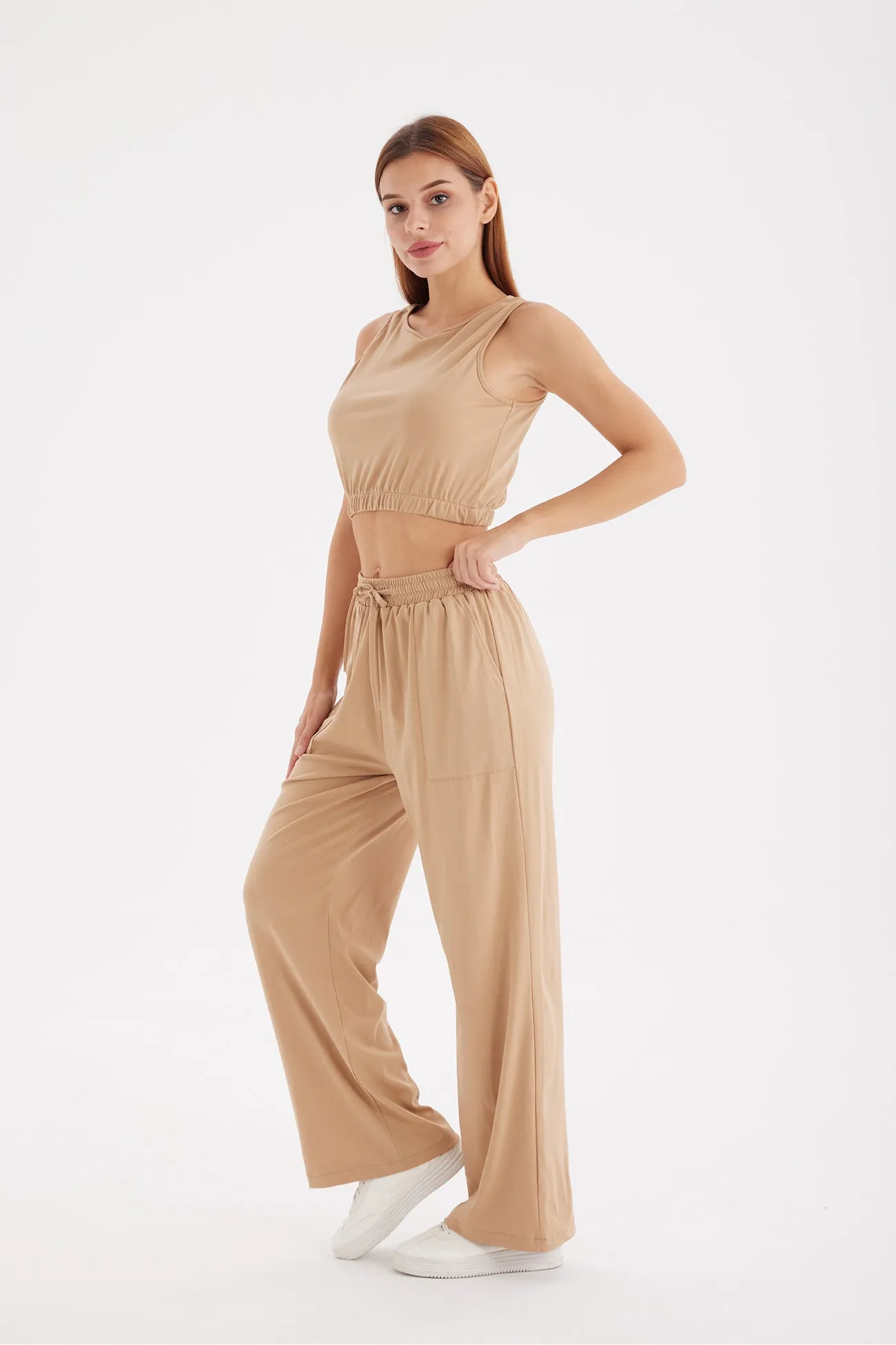 Solid Color Tank Top Drawstring High Waist Long Pants Set