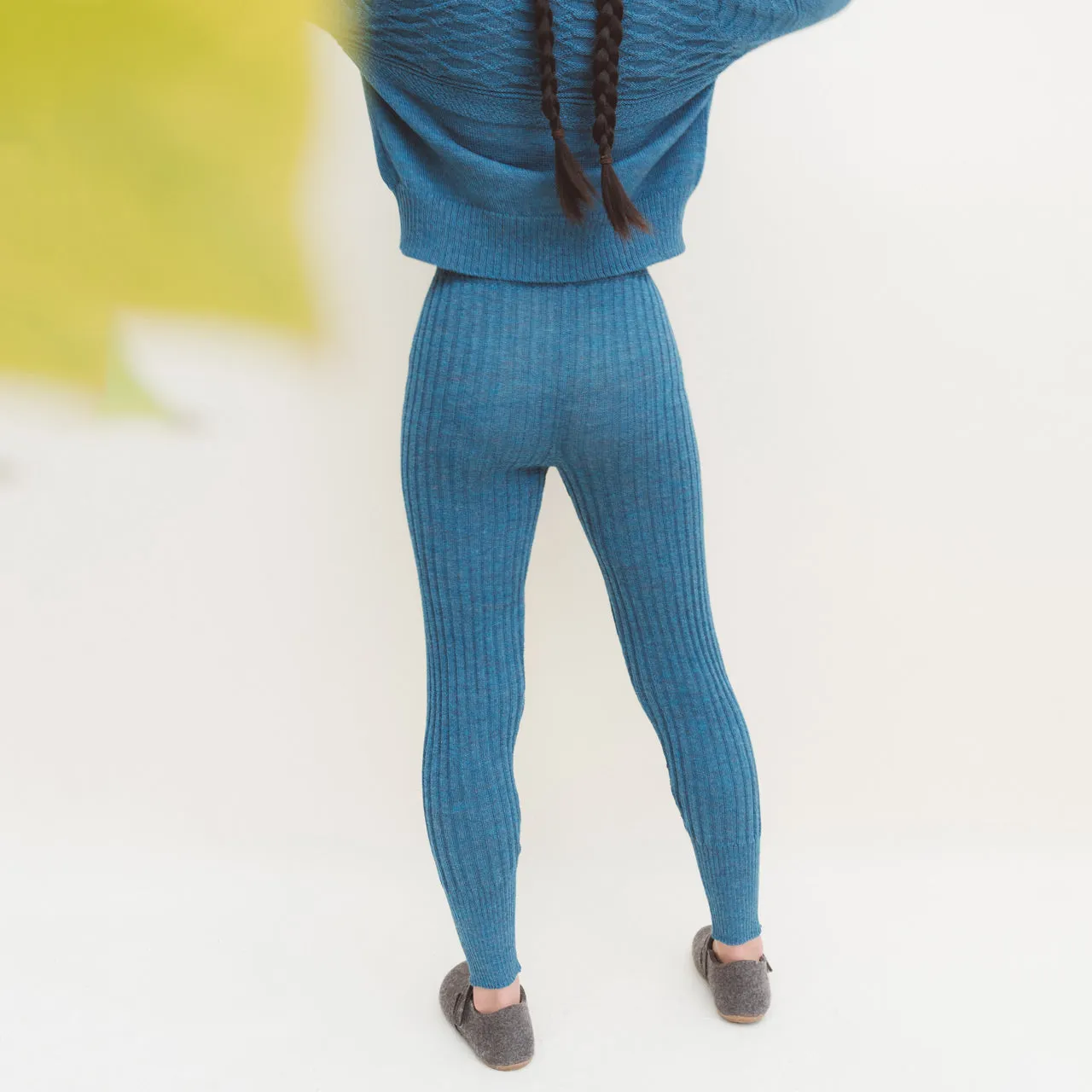 Women's High Waisted Knitted Rib Leggings - 100% Baby Alpaca - Light Peacock (S-XL) *Returning 2025