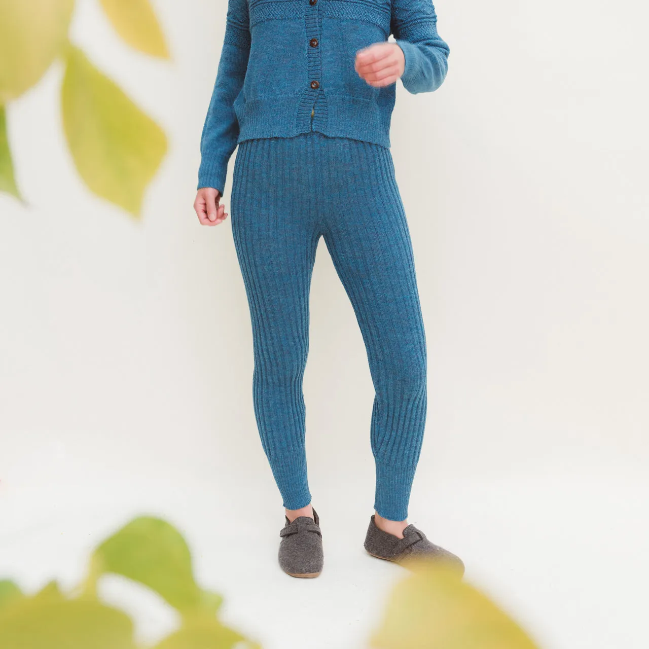 Women's High Waisted Knitted Rib Leggings - 100% Baby Alpaca - Light Peacock (S-XL) *Returning 2025